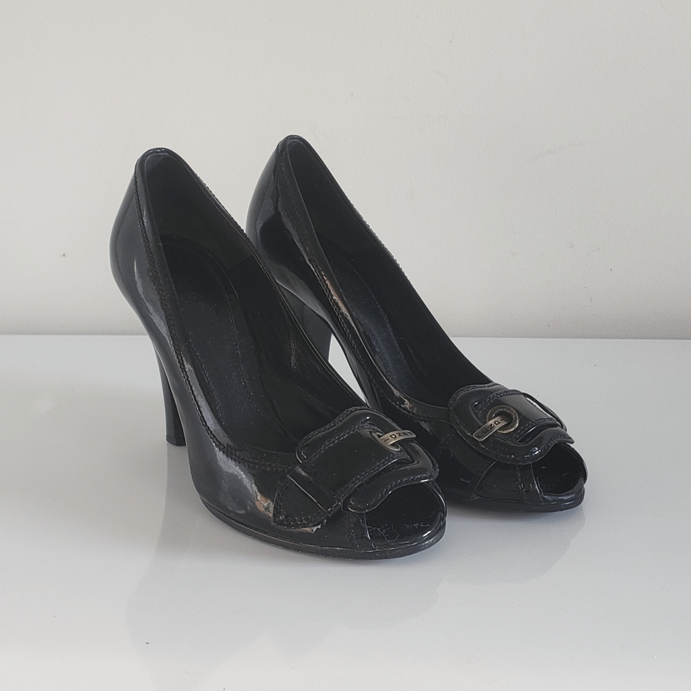 Fendi Black Patent Buckle Peep-Toe Heels - Gold FF Belt Buckle Detail